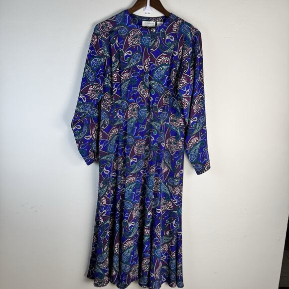 VTG Liz Claiborne Paisley LongSleeve Midi Dress Sz 8 BluePurpleTeal Fit & Flare - Picture 2 of 8
